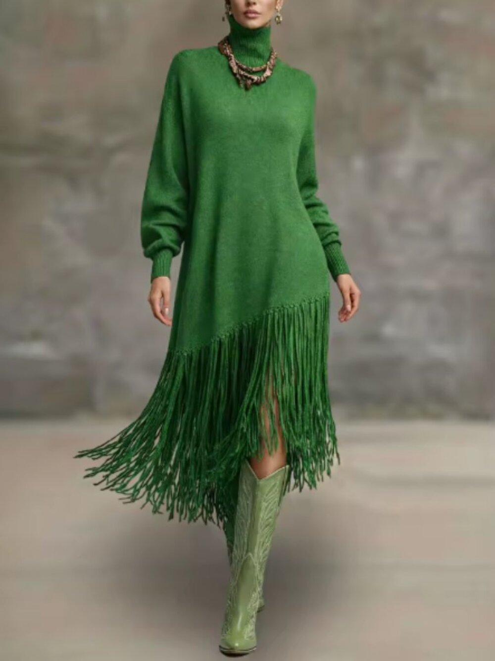 Women’s Green Turtleneck Fringe Sweater Dress Oversized Long Sleeve Maxi Sz: XL